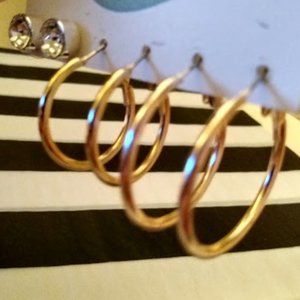 SO 3pc SET GOLD 1" + 1.25" HOOPS & SILVER/CLEAR CRYSTAL STUD EARRINGS**NEW!